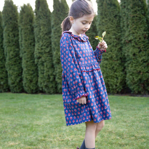 Girls All-Over Print Ruffle Collar Long Sleeve Dress, Red & Navy - Dresses - 2