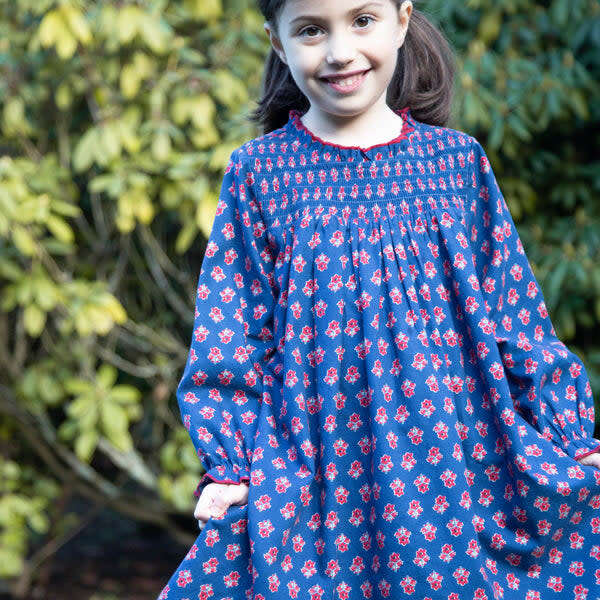 Girls All-Over Print Smocked Long Sleeve Dress, Red & Navy - Dresses - 2