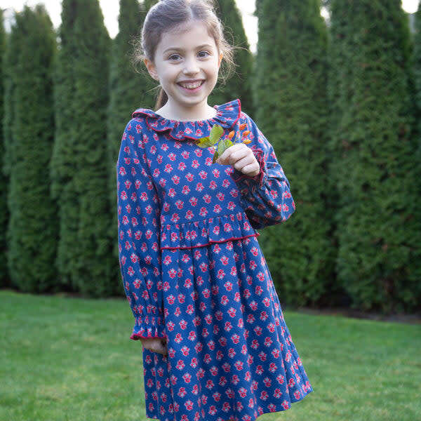 Girls All-Over Print Ruffle Collar Long Sleeve Dress, Red & Navy - Dresses - 4