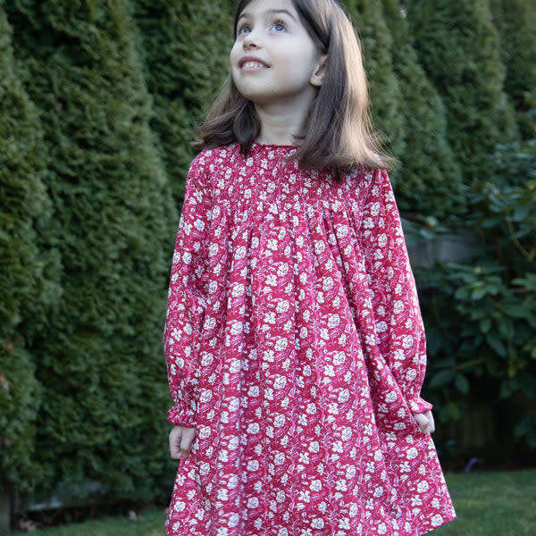 Girls Floral Print Smocked Long Sleeve Dress, Red & White - Dresses - 4