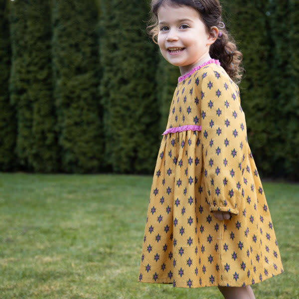 Toddler All-Over Print Lace Trim Long Sleeve Dress, Yellow & Pink - Dresses - 5