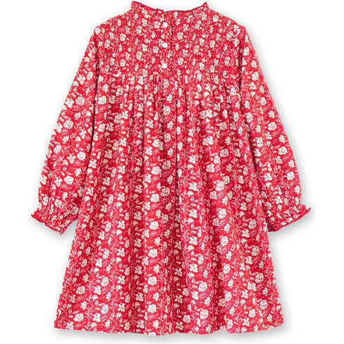 Girls Floral Print Smocked Long Sleeve Dress, Red & White - Dresses - 6