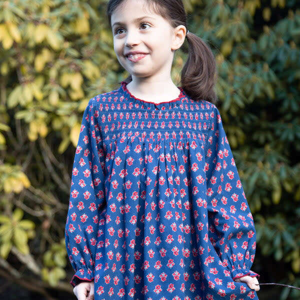 Girls All-Over Print Smocked Long Sleeve Dress, Red & Navy - Dresses - 4