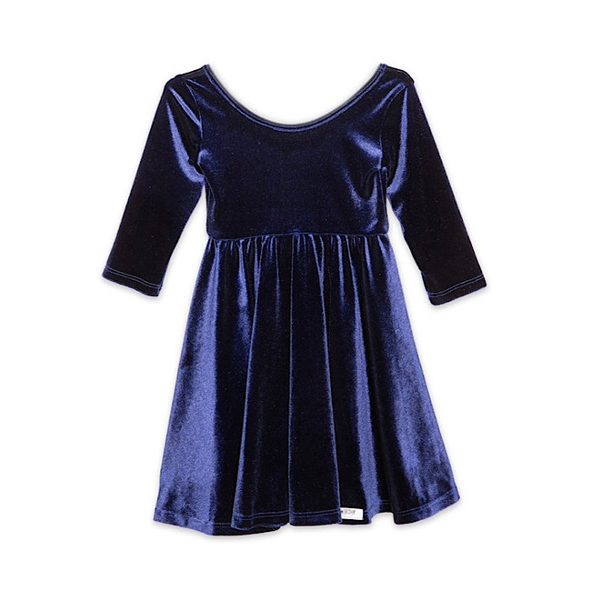 Twirly Stretch Velvet Scoop Back Long Sleeve Knit Dress, Navy - Dresses - 1