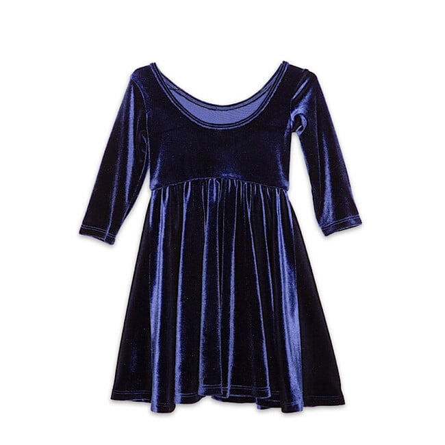 Twirly Stretch Velvet Scoop Back Long Sleeve Knit Dress, Navy - Dresses - 2