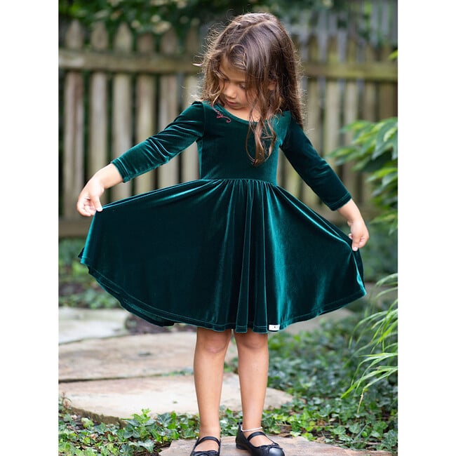 Holiday Velvet Embroidered Long Sleeve Twirly Dress, Emerald - Dresses - 2