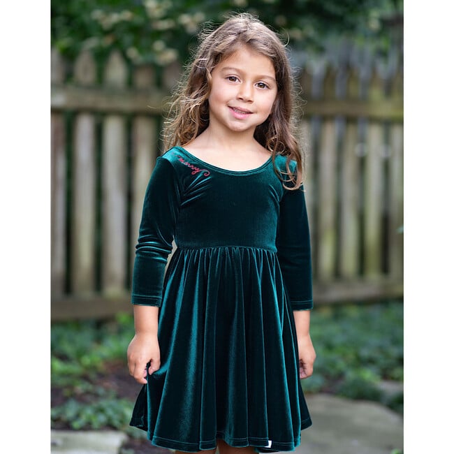 Holiday Velvet Embroidered Long Sleeve Twirly Dress, Emerald - Dresses - 6