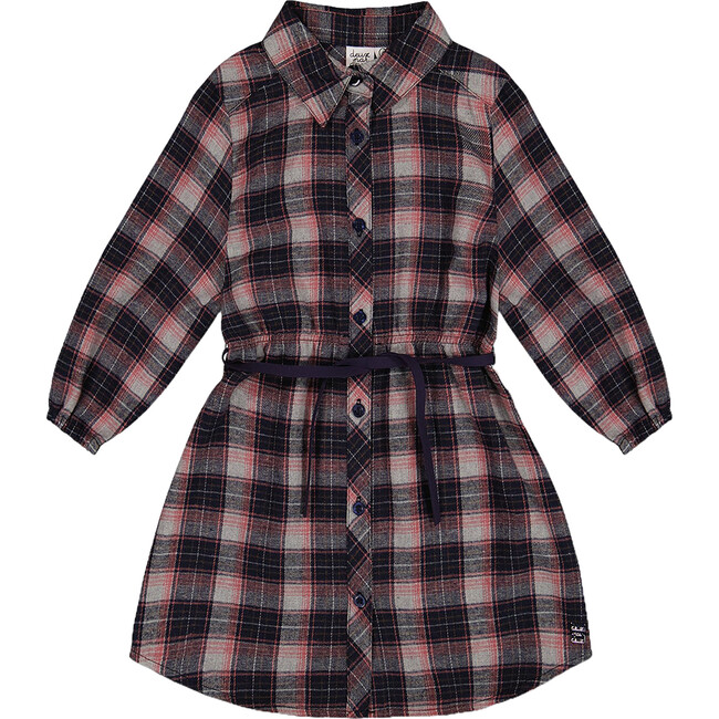 Shirt Flannel Dress With Belt, Plaid Navy & Pink