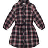 Shirt Flannel Dress With Belt, Plaid Navy & Pink - Dresses - 1 - thumbnail