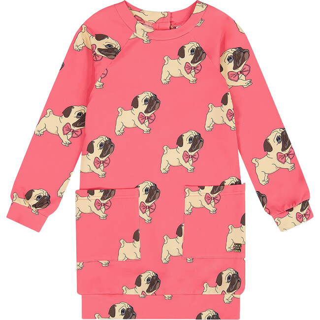 Pug Print Long Sleeve Fleece Dress With Pocket, Magenta