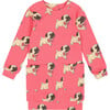 Pug Print Long Sleeve Fleece Dress With Pocket, Magenta - Dresses - 1 - thumbnail