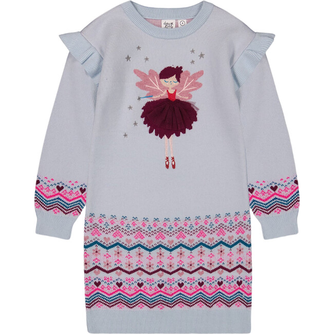 Fairy Princess Intarsia Fairisle Knit Long Sleeve Dress, Light Blue