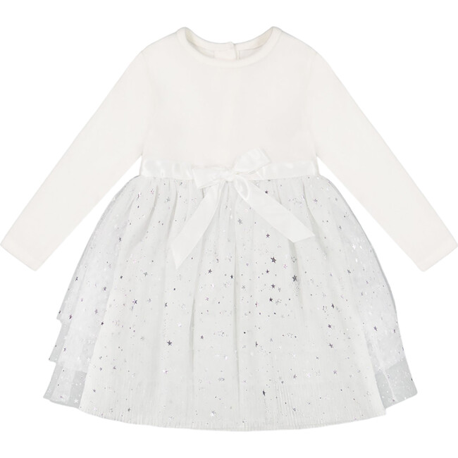 Bi-Material Dress With Glittering Tulle Skirt, Off-White