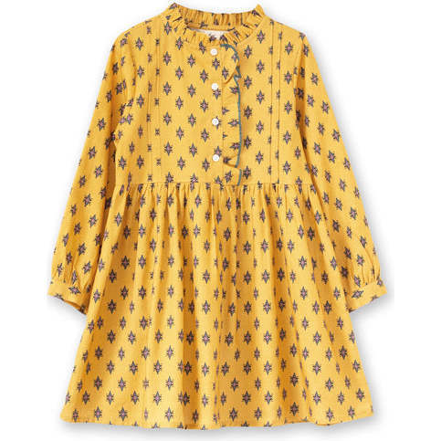 Girls All-Over Print Front Ruffle Long Sleeve Dress, Yellow & Pink