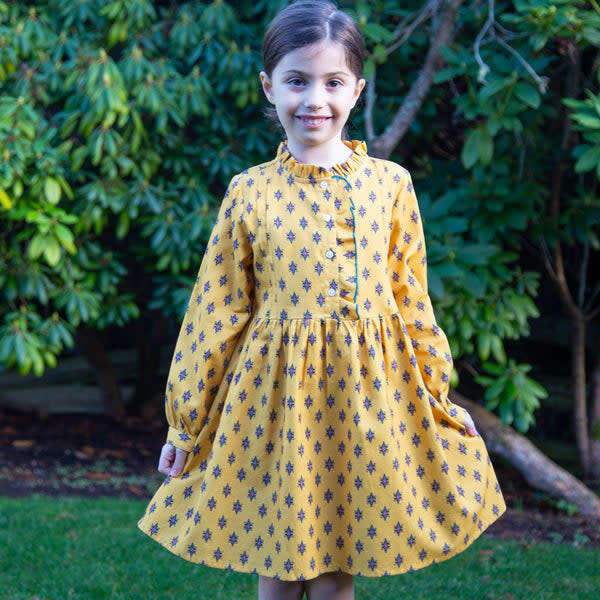 Girls All-Over Print Front Ruffle Long Sleeve Dress, Yellow & Pink - Dresses - 2