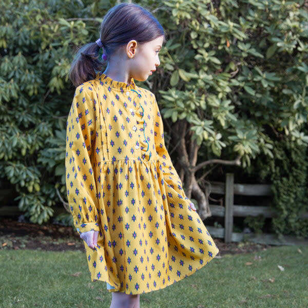 Girls All-Over Print Front Ruffle Long Sleeve Dress, Yellow & Pink - Dresses - 3