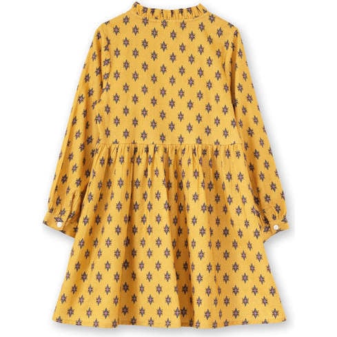 Girls All-Over Print Front Ruffle Long Sleeve Dress, Yellow & Pink - Dresses - 6