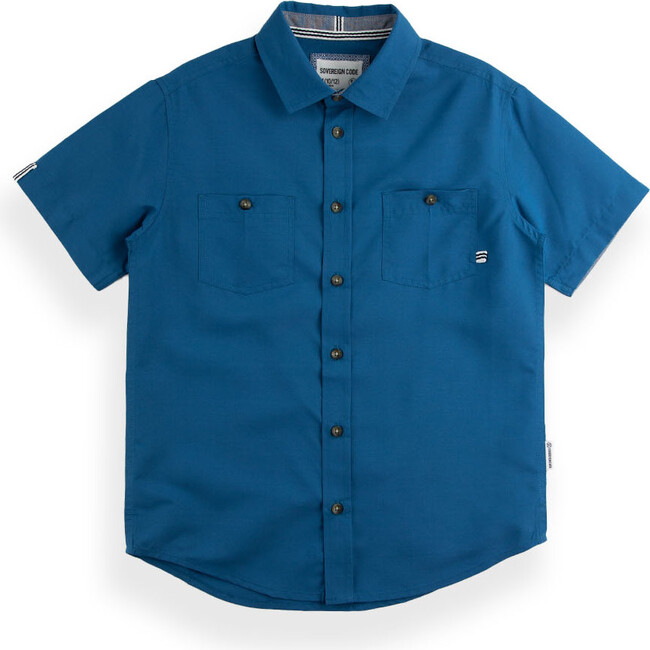 Stable Chambray Short Sleeve 2-Pocke Shirt, Dark Blue