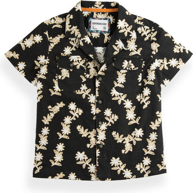 Oscar Floral Print  Short Sleeve 2-Pocket Shirt, True Black & Kalan