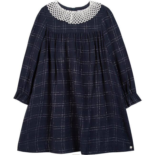 Plaid Petal Collar Long Sleeve Dress, Blue