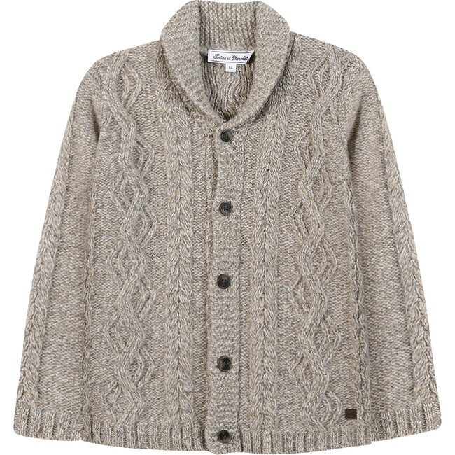 Shawl Collar Cable Knit Button-Down Cardigan, Tan