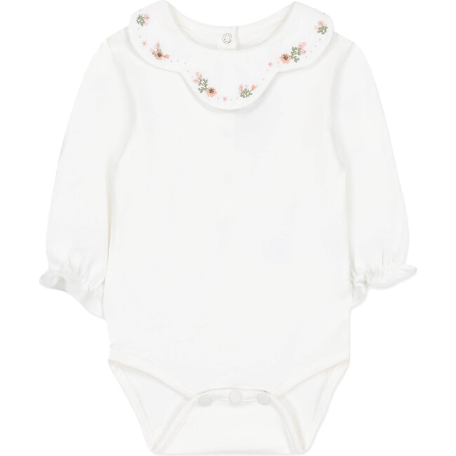 Floral Embroidered Petal Collar Long Sleeve Bodysuit, White