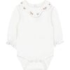 Floral Embroidered Petal Collar Long Sleeve Bodysuit, White - Bodysuits - 1 - thumbnail