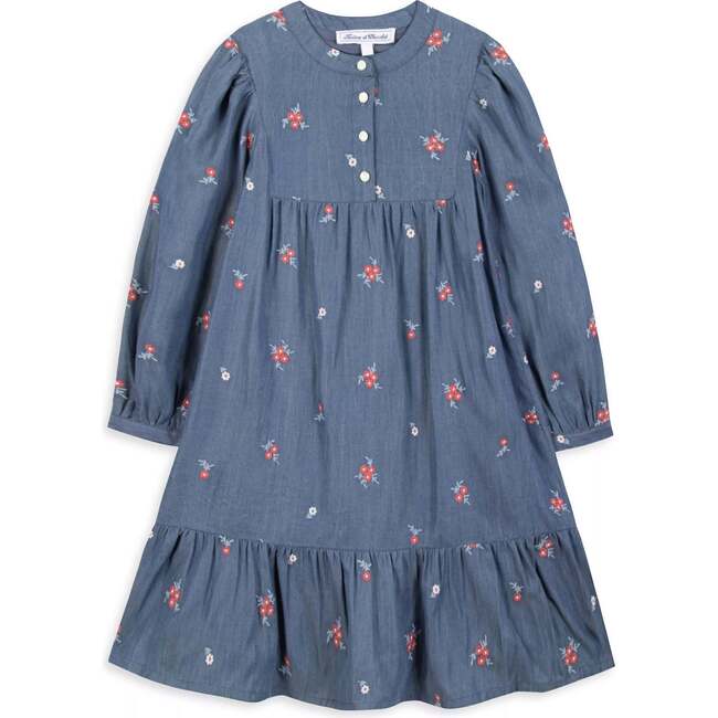 Chambray Floral Embroidered Long Sleeve Midi Dress, Blue