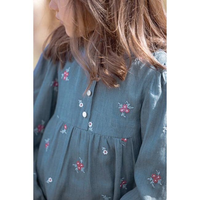 Chambray Floral Embroidered Long Sleeve Midi Dress, Blue - Dresses - 3