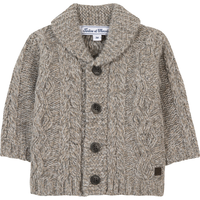 Baby Shawl Collar Cable Knit Button-Down Cardigan, Tan