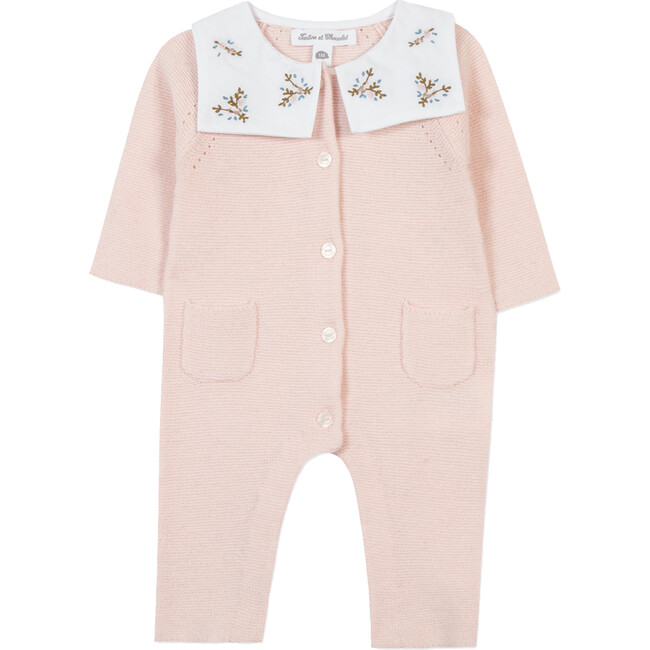 Baby Floral Embroidered Bib Collar Knit Jumpsuit, Pale Pink