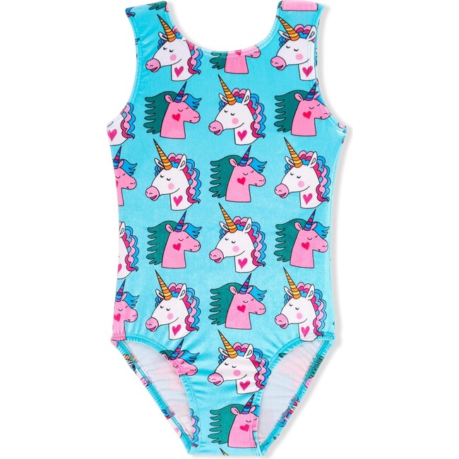 Unicorn Print Sleeveless Velvet Leotard, Aqua