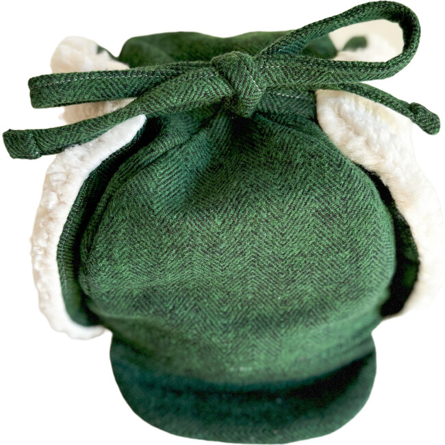 Winter Hat, Hunter Green Herringbone with Tie