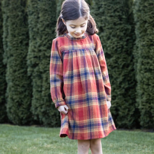 Girls' Long Sleeve Ruffle Neck Plaid Dress, Orange Check - Dresses - 2