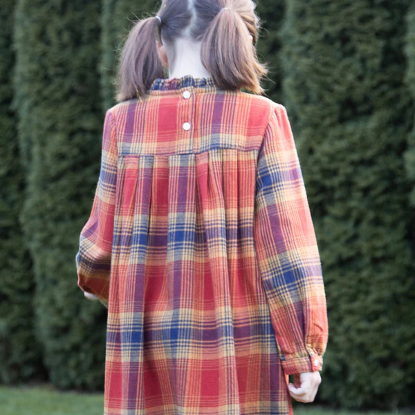 Girls' Long Sleeve Ruffle Neck Plaid Dress, Orange Check - Dresses - 4