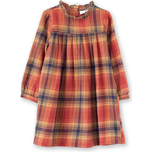 Girls' Long Sleeve Ruffle Neck Plaid Dress, Orange Check - Dresses - 1