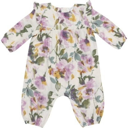 Watercolor Rose Ruffle Sleeve Romper W/ Crochet Trim, Purple