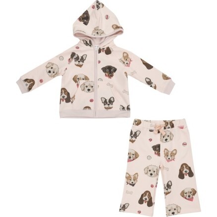 French Terry Pretty Puppy Faces Zip Hoodie + Wide Leg Pant, Pink