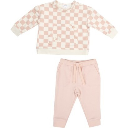 French Terry Checkerboard Pink Sweatshirt W/ Daisy Patch + Jogger, Pink