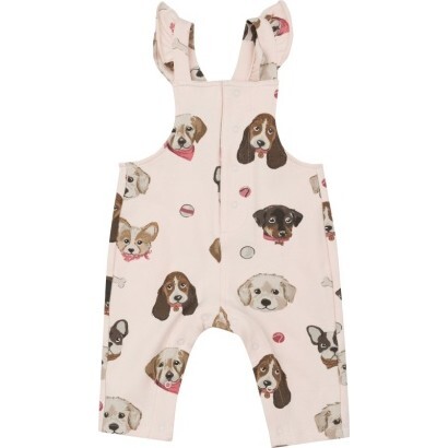 French Terry Pretty Puppy Faces Front Placket Ruffle Overall, Pink