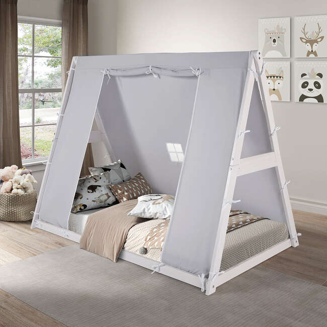 Kid's Tent Twin Floor Bed, White Frame/Grey Tent - Beds - 2