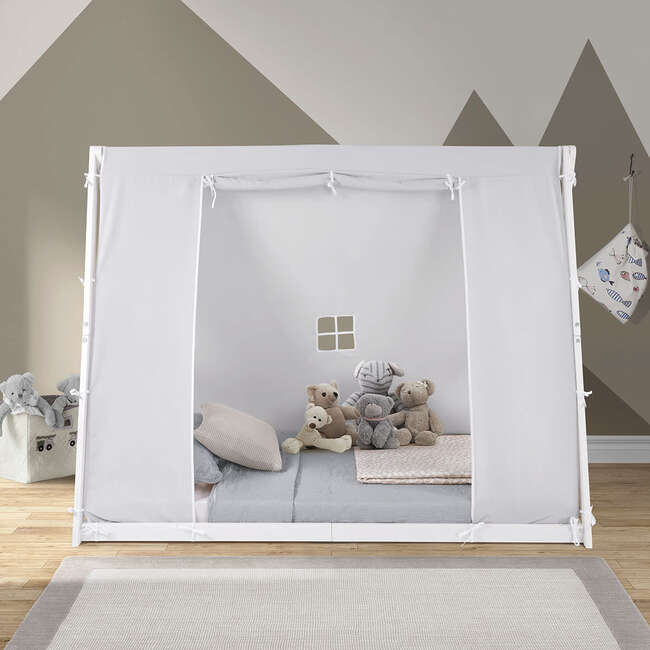 Kid's Tent Twin Floor Bed, White Frame/Grey Tent - Beds - 3