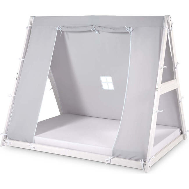 Kid's Tent Twin Floor Bed, White Frame/Grey Tent - Beds - 4