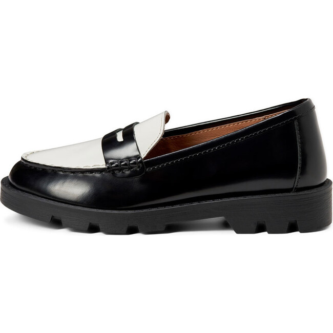 Paula Glossy Leather Penny Loafers, Black, White & Black