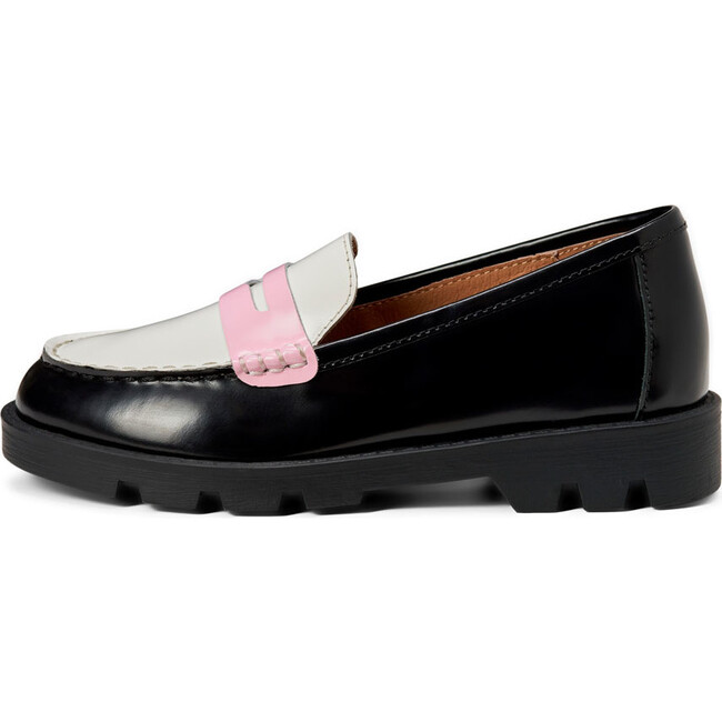 Paula Glossy Leather Penny Loafers, Black, White & Pink