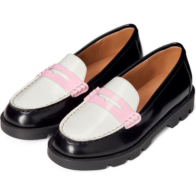 Paula Glossy Leather Penny Loafers, Black, White & Pink - Loafers - 2