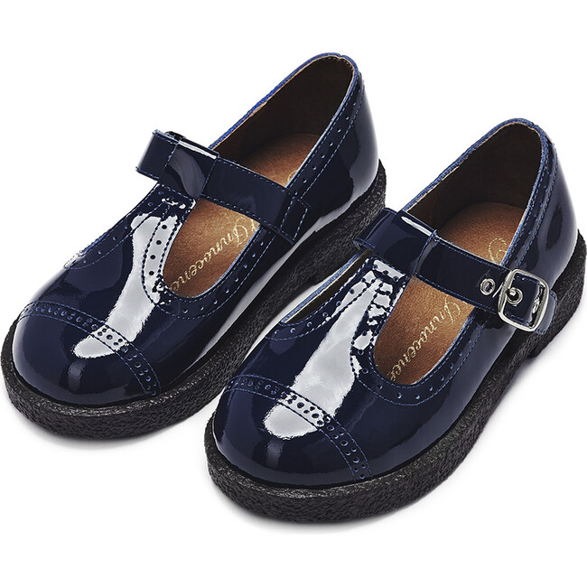 Agathe Leather Casual T-Bar Strap Shoes, Navy - T-Straps - 2