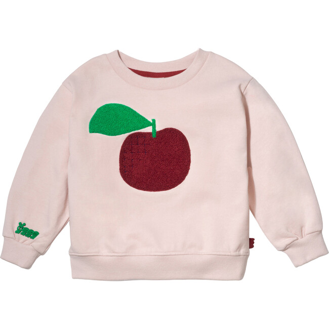 Red Apple Print Ribbed Neck Drop Shoulder Sweatshirt, Pink