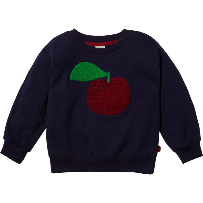 Red Apple Print Ribbed Neck Drop Shoulder Sweatshirt, Blue