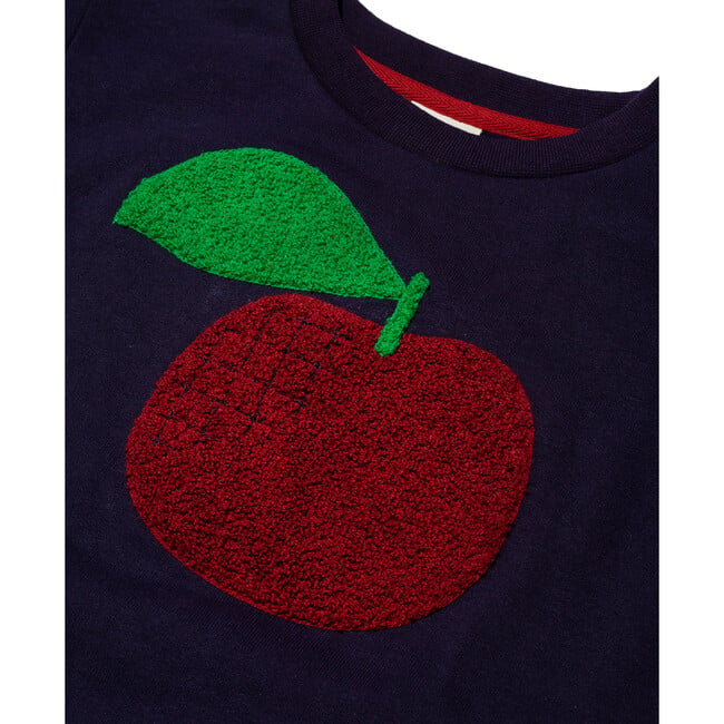 Red Apple Print Ribbed Neck Drop Shoulder Sweatshirt, Blue - Sweatshirts - 2